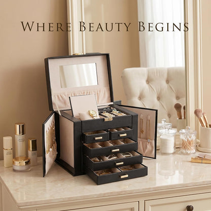 Jewelry Box with Travel Case, PU Leather 5-Layer Jewelry Organizer with Mirror & Lock, Velvet Lining Jewelry Storage for Women, Dresser Top Portable Jewelry Case, Gift for Women (Black)