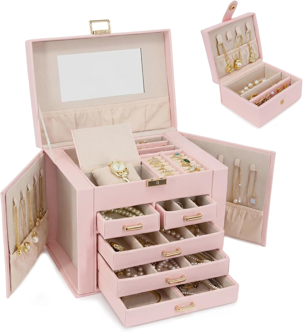 Jewelry Box with Travel Case, PU Leather 5-Layer Jewelry Organizer with Mirror & Lock, Velvet Lining Jewelry Storage for Women, Dresser Top Portable Jewelry Case, Gift for Women (Black)