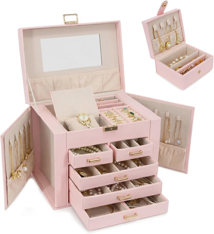 Jewelry Box with Travel Case, PU Leather 5-Layer Jewelry Organizer with Mirror & Lock, Velvet Lining Jewelry Storage for Women, Dresser Top Portable Jewelry Case, Gift for Women (Black)