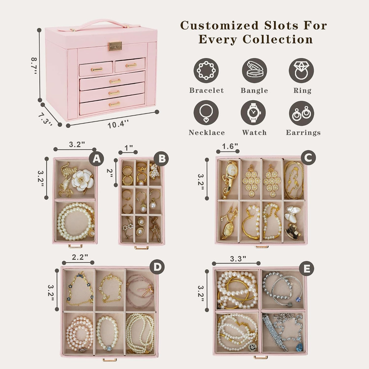 Jewelry Box with Travel Case, PU Leather 5-Layer Jewelry Organizer with Mirror & Lock, Velvet Lining Jewelry Storage for Women, Dresser Top Portable Jewelry Case, Gift for Women (Black)