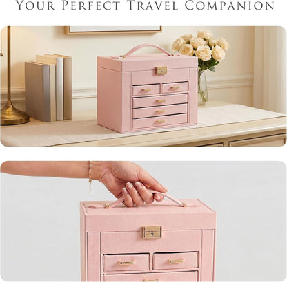 Jewelry Box with Travel Case, PU Leather 5-Layer Jewelry Organizer with Mirror & Lock, Velvet Lining Jewelry Storage for Women, Dresser Top Portable Jewelry Case, Gift for Women (Black)