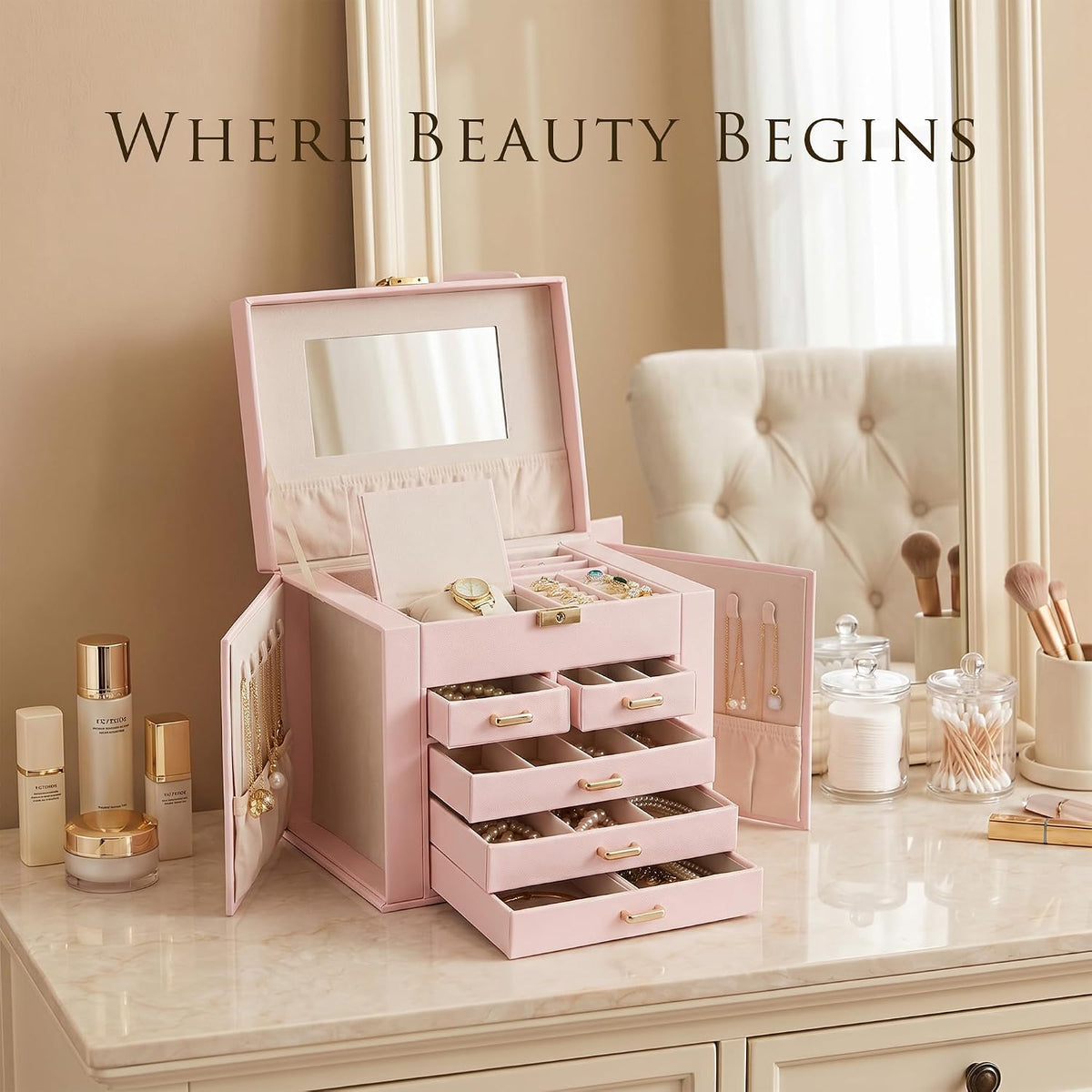 Jewelry Box with Travel Case, PU Leather 5-Layer Jewelry Organizer with Mirror & Lock, Velvet Lining Jewelry Storage for Women, Dresser Top Portable Jewelry Case, Gift for Women (Black)