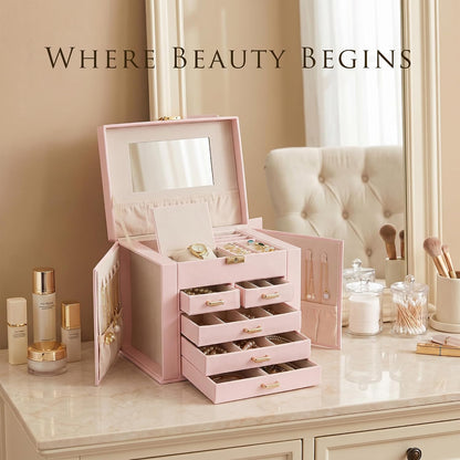 Jewelry Box with Travel Case, PU Leather 5-Layer Jewelry Organizer with Mirror & Lock, Velvet Lining Jewelry Storage for Women, Dresser Top Portable Jewelry Case, Gift for Women (Black)