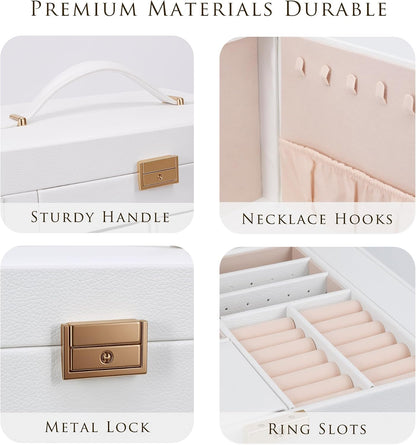 Jewelry Box with Travel Case, PU Leather 5-Layer Jewelry Organizer with Mirror & Lock, Velvet Lining Jewelry Storage for Women, Dresser Top Portable Jewelry Case, Gift for Women (Black)