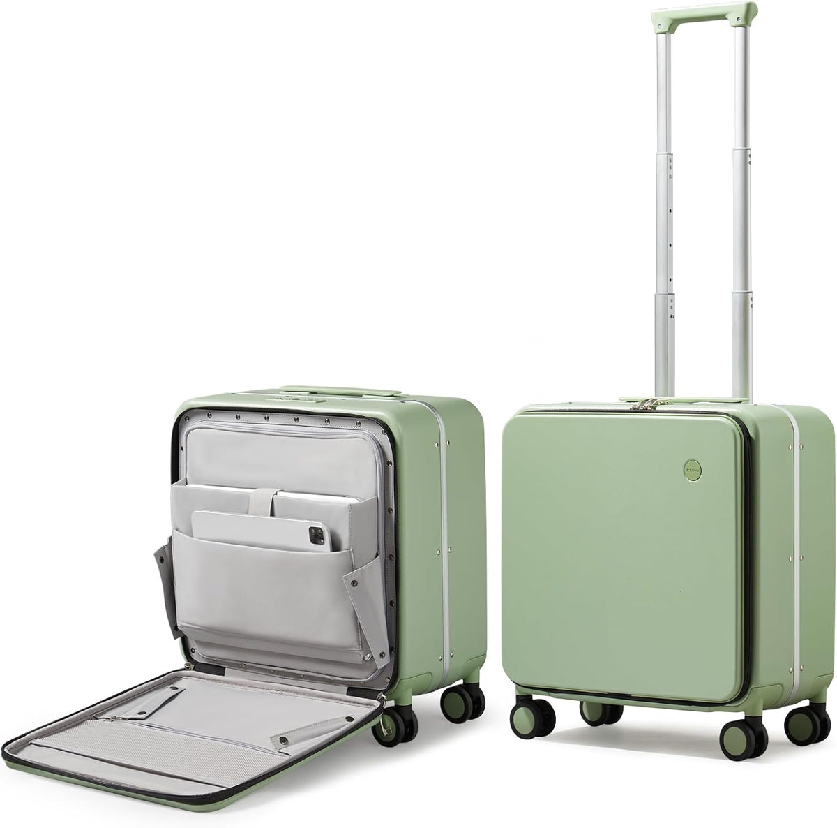 Carry On Luggage, 20'' Suitcase with Front Pocket, Travel Rolling Luggage Aluminum Frame PC Hardside with Spinner Wheels & TSA Lock and Cover - Blackish Green