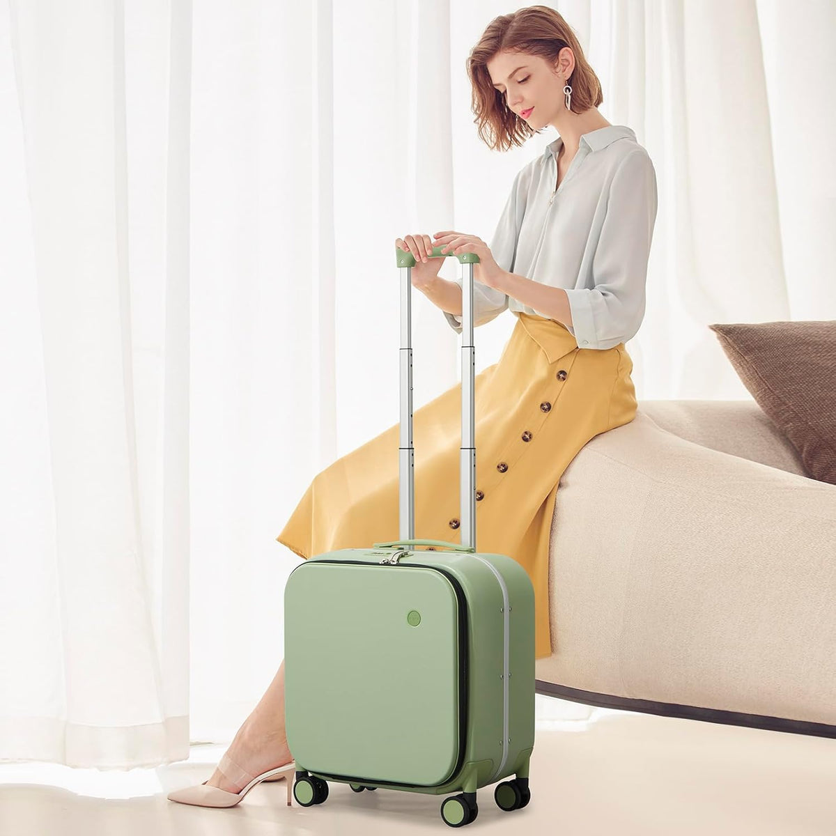 Carry On Luggage, 20'' Suitcase with Front Pocket, Travel Rolling Luggage Aluminum Frame PC Hardside with Spinner Wheels & TSA Lock and Cover - Blackish Green