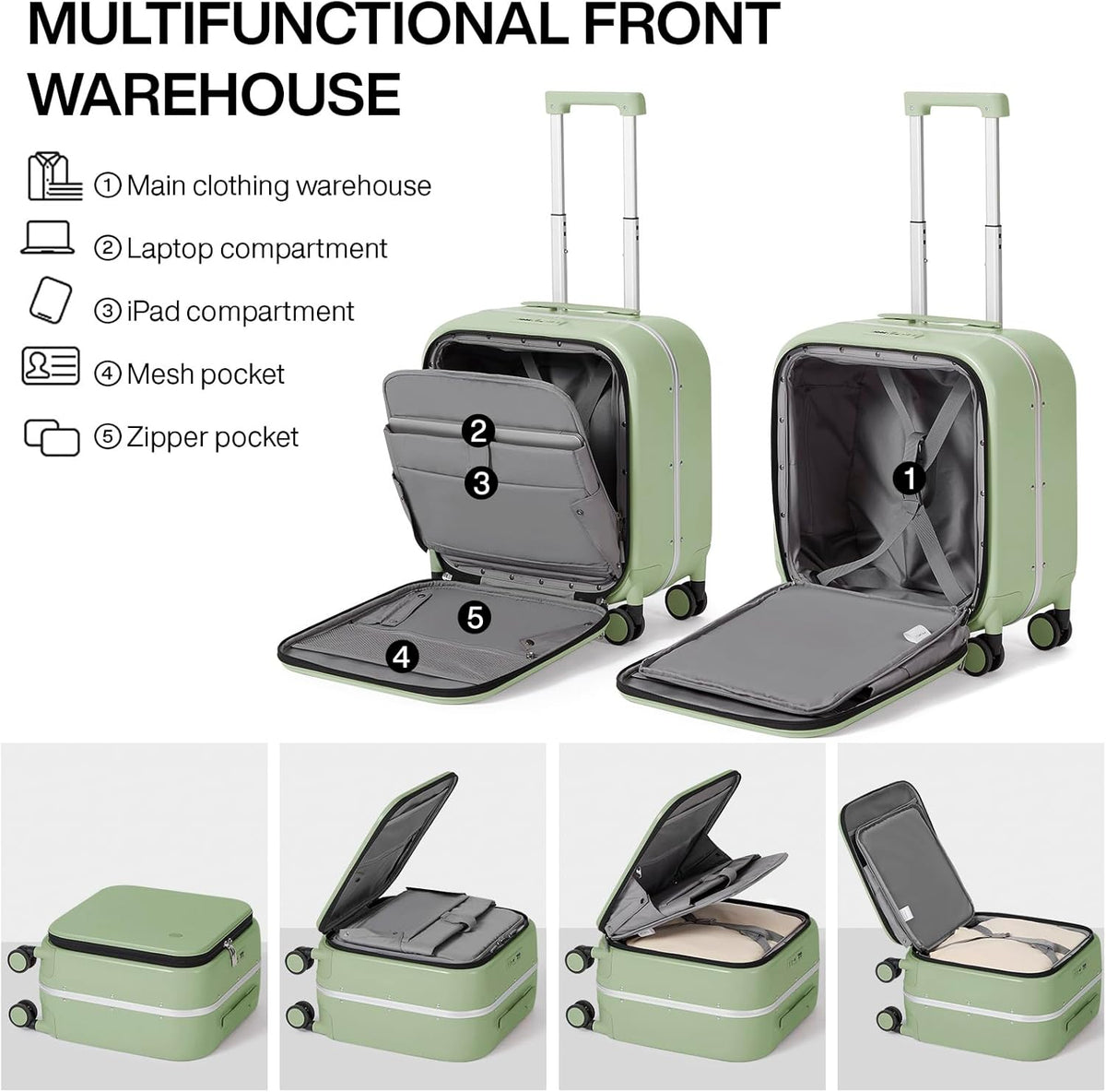 Carry On Luggage, 20'' Suitcase with Front Pocket, Travel Rolling Luggage Aluminum Frame PC Hardside with Spinner Wheels & TSA Lock and Cover - Blackish Green