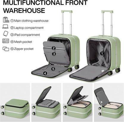 Carry On Luggage, 20'' Suitcase with Front Pocket, Travel Rolling Luggage Aluminum Frame PC Hardside with Spinner Wheels & TSA Lock and Cover - Blackish Green