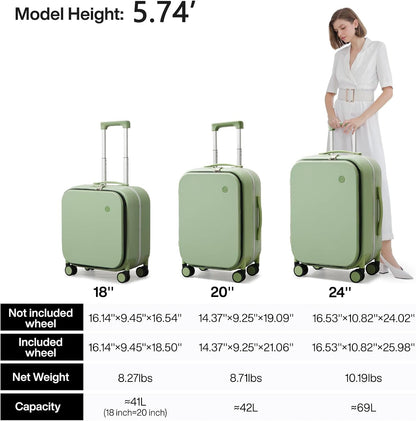 Carry On Luggage, 20'' Suitcase with Front Pocket, Travel Rolling Luggage Aluminum Frame PC Hardside with Spinner Wheels & TSA Lock and Cover - Blackish Green