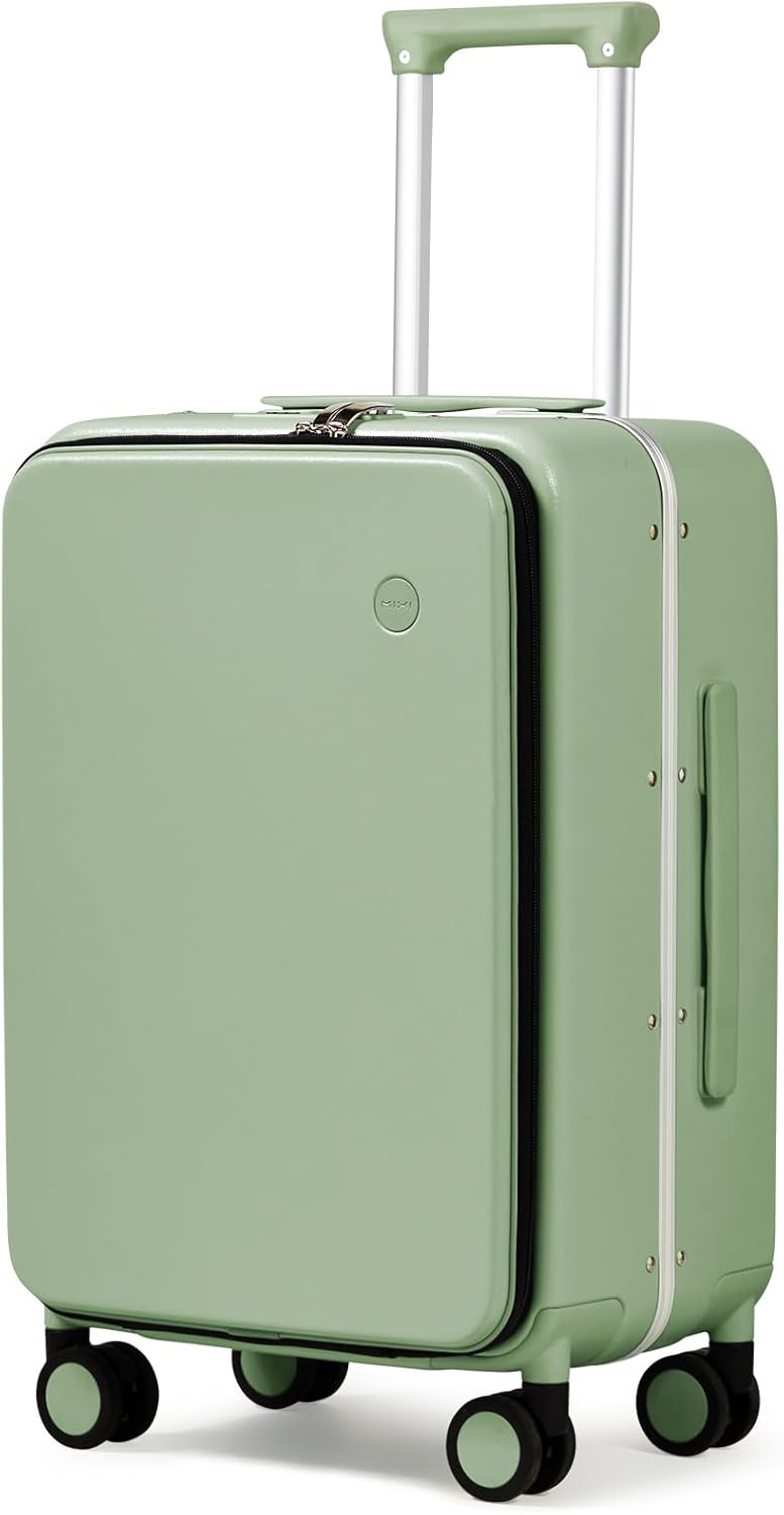 Carry On Luggage, 20'' Suitcase with Front Pocket, Travel Rolling Luggage Aluminum Frame PC Hardside with Spinner Wheels & TSA Lock and Cover - Blackish Green