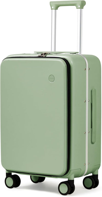 Carry On Luggage, 20'' Suitcase with Front Pocket, Travel Rolling Luggage Aluminum Frame PC Hardside with Spinner Wheels & TSA Lock and Cover - Blackish Green