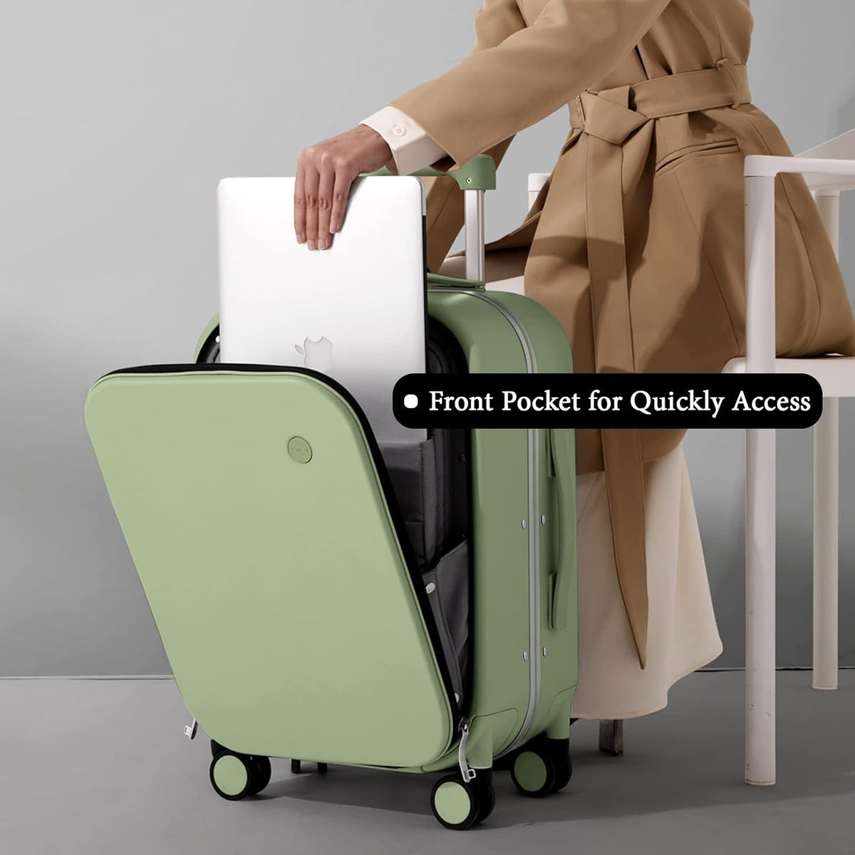 Carry On Luggage, 20'' Suitcase with Front Pocket, Travel Rolling Luggage Aluminum Frame PC Hardside with Spinner Wheels & TSA Lock and Cover - Blackish Green