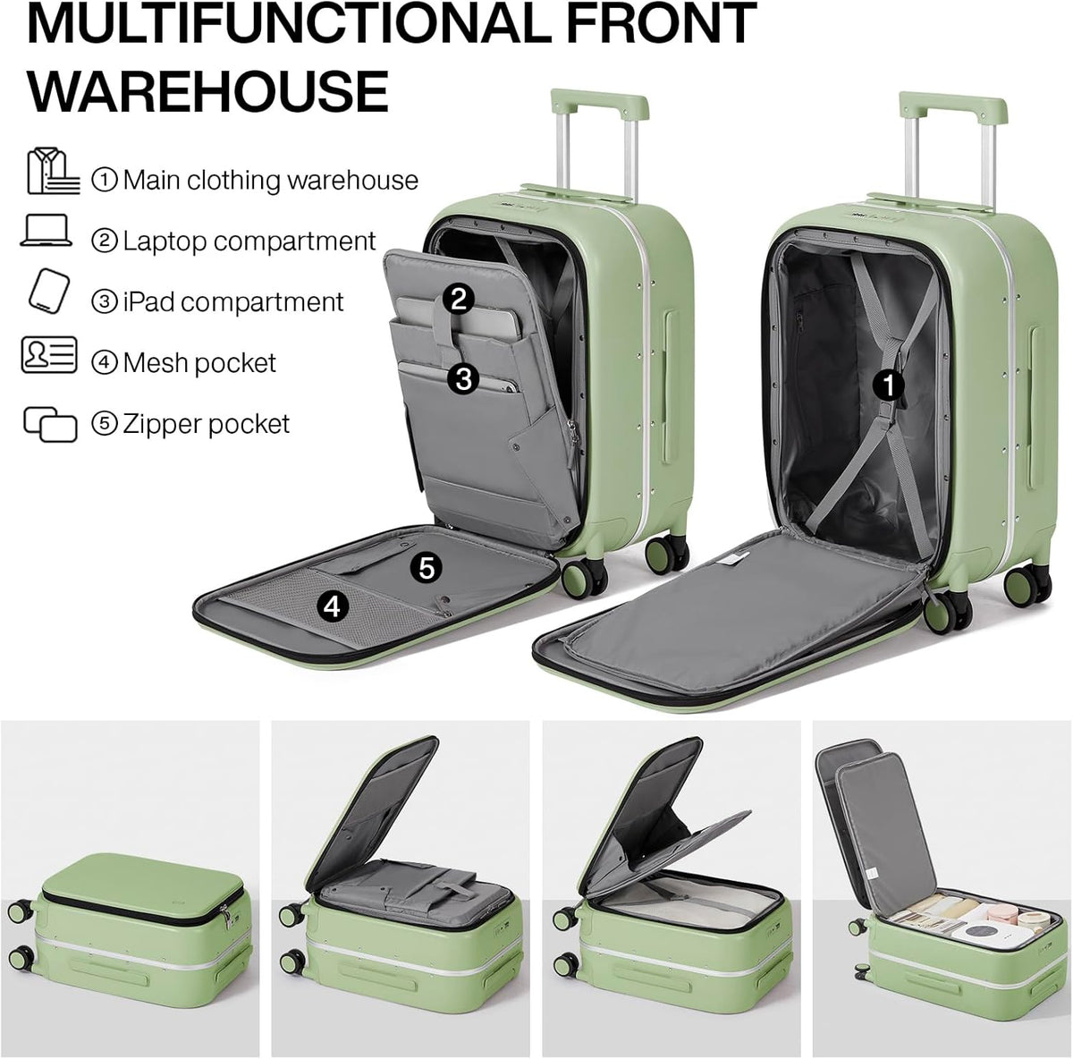 Carry On Luggage, 20'' Suitcase with Front Pocket, Travel Rolling Luggage Aluminum Frame PC Hardside with Spinner Wheels & TSA Lock and Cover - Blackish Green