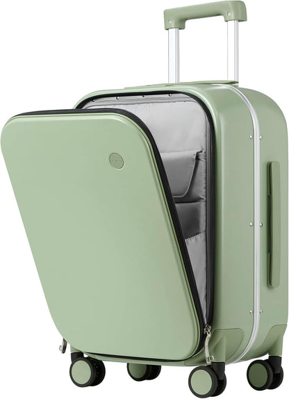 Carry On Luggage, 20'' Suitcase with Front Pocket, Travel Rolling Luggage Aluminum Frame PC Hardside with Spinner Wheels & TSA Lock and Cover - Blackish Green
