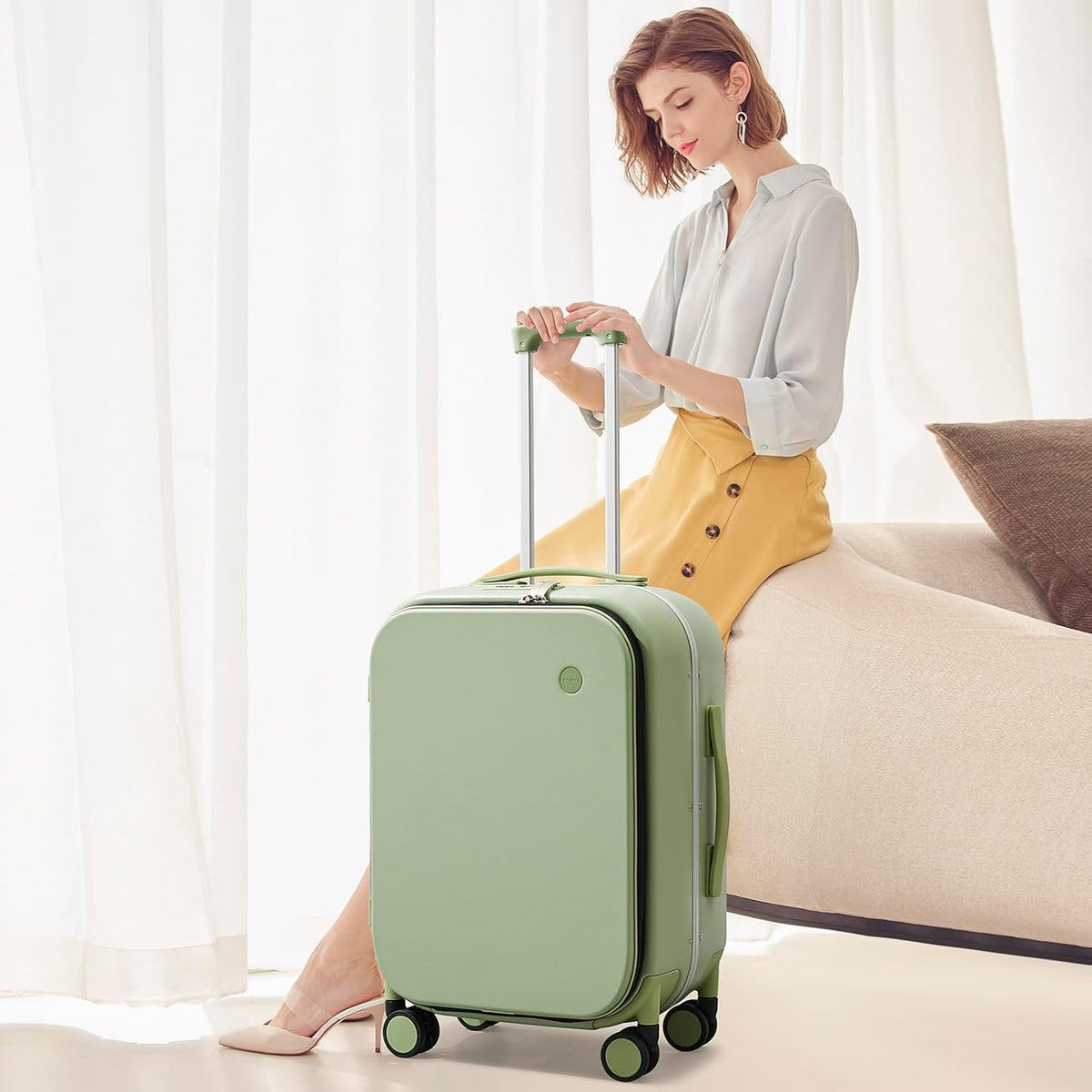 Carry On Luggage, 20'' Suitcase with Front Pocket, Travel Rolling Luggage Aluminum Frame PC Hardside with Spinner Wheels & TSA Lock and Cover - Blackish Green