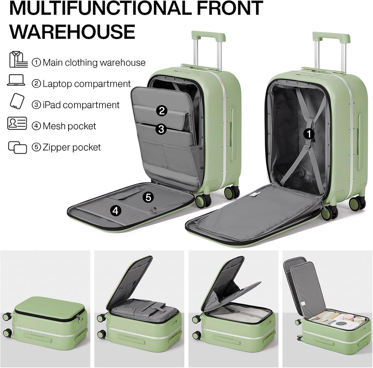 Carry On Luggage, 20'' Suitcase with Front Pocket, Travel Rolling Luggage Aluminum Frame PC Hardside with Spinner Wheels & TSA Lock and Cover - Blackish Green