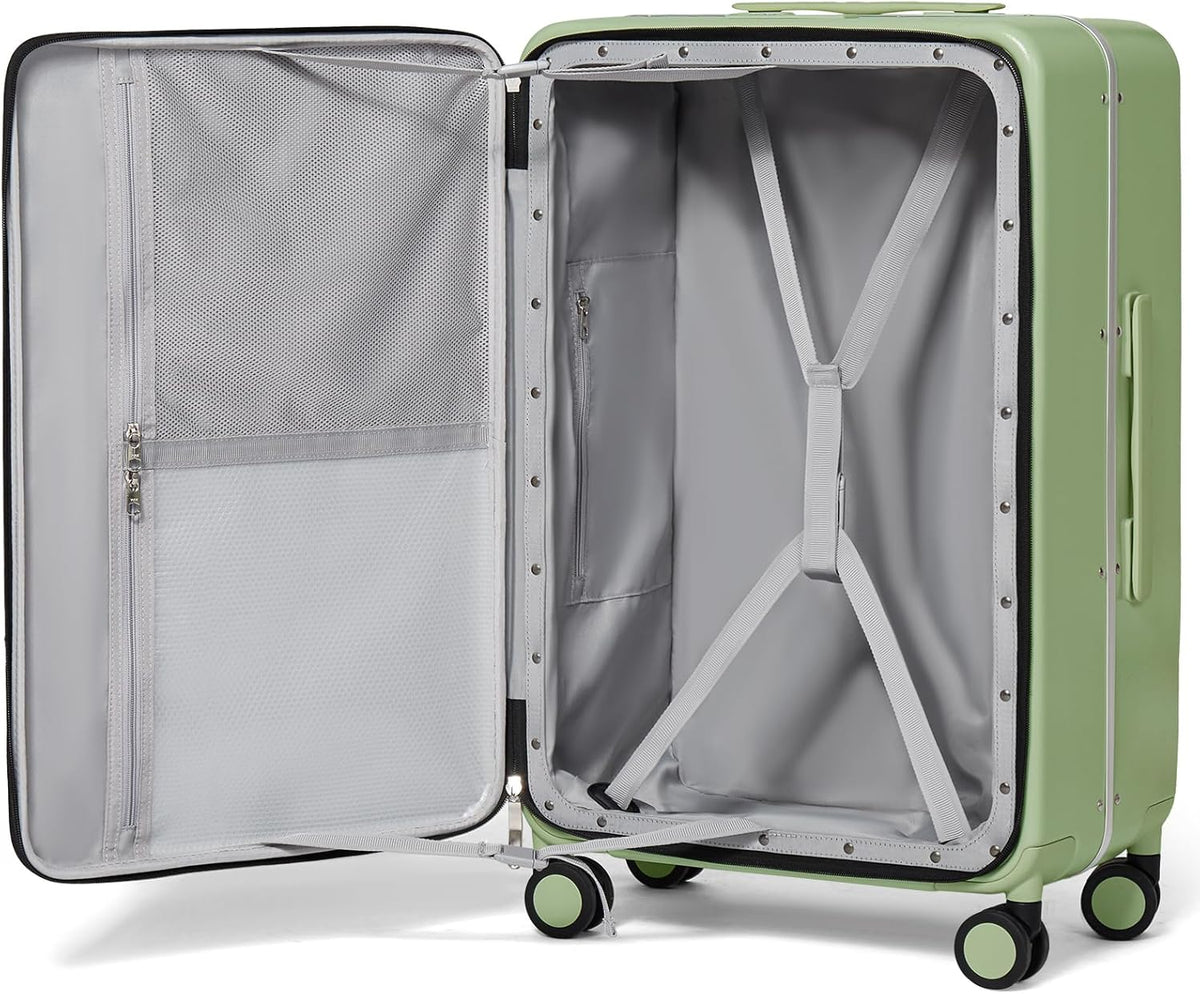 Carry On Luggage, 20'' Suitcase with Front Pocket, Travel Rolling Luggage Aluminum Frame PC Hardside with Spinner Wheels & TSA Lock and Cover - Blackish Green