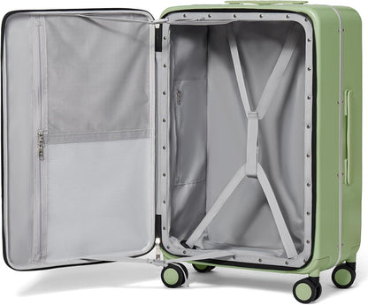 Carry On Luggage, 20'' Suitcase with Front Pocket, Travel Rolling Luggage Aluminum Frame PC Hardside with Spinner Wheels & TSA Lock and Cover - Blackish Green
