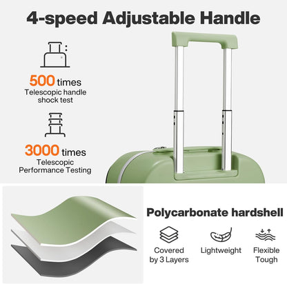 Carry On Luggage, 20'' Suitcase with Front Pocket, Travel Rolling Luggage Aluminum Frame PC Hardside with Spinner Wheels & TSA Lock and Cover - Blackish Green