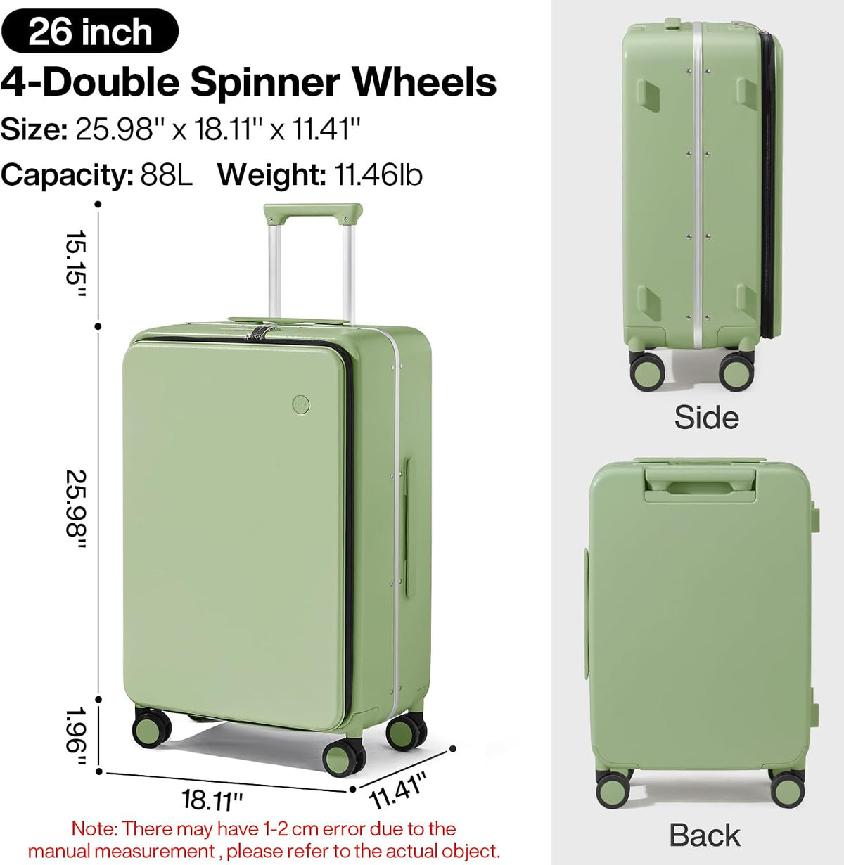 Carry On Luggage, 20'' Suitcase with Front Pocket, Travel Rolling Luggage Aluminum Frame PC Hardside with Spinner Wheels & TSA Lock and Cover - Blackish Green