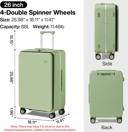 Carry On Luggage, 20'' Suitcase with Front Pocket, Travel Rolling Luggage Aluminum Frame PC Hardside with Spinner Wheels & TSA Lock and Cover - Blackish Green