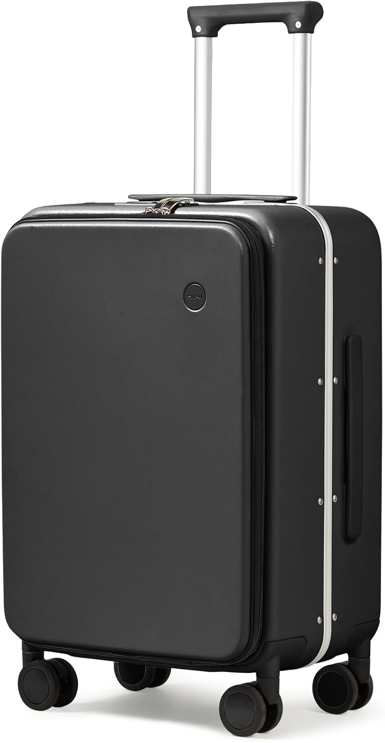 Carry On Luggage, 20'' Suitcase with Front Pocket, Travel Rolling Luggage Aluminum Frame PC Hardside with Spinner Wheels & TSA Lock and Cover - Blackish Green
