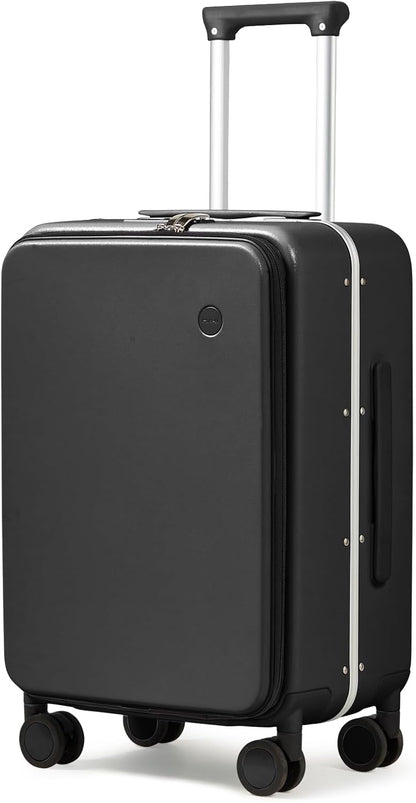 Carry On Luggage, 20'' Suitcase with Front Pocket, Travel Rolling Luggage Aluminum Frame PC Hardside with Spinner Wheels & TSA Lock and Cover - Blackish Green