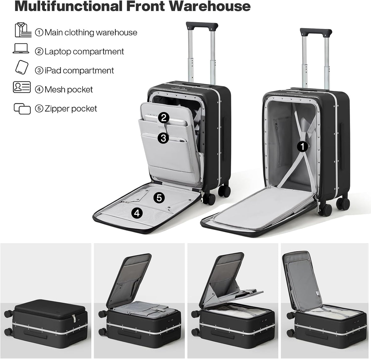Carry On Luggage, 20'' Suitcase with Front Pocket, Travel Rolling Luggage Aluminum Frame PC Hardside with Spinner Wheels & TSA Lock and Cover - Blackish Green