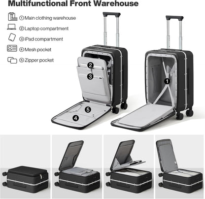 Carry On Luggage, 20'' Suitcase with Front Pocket, Travel Rolling Luggage Aluminum Frame PC Hardside with Spinner Wheels & TSA Lock and Cover - Blackish Green