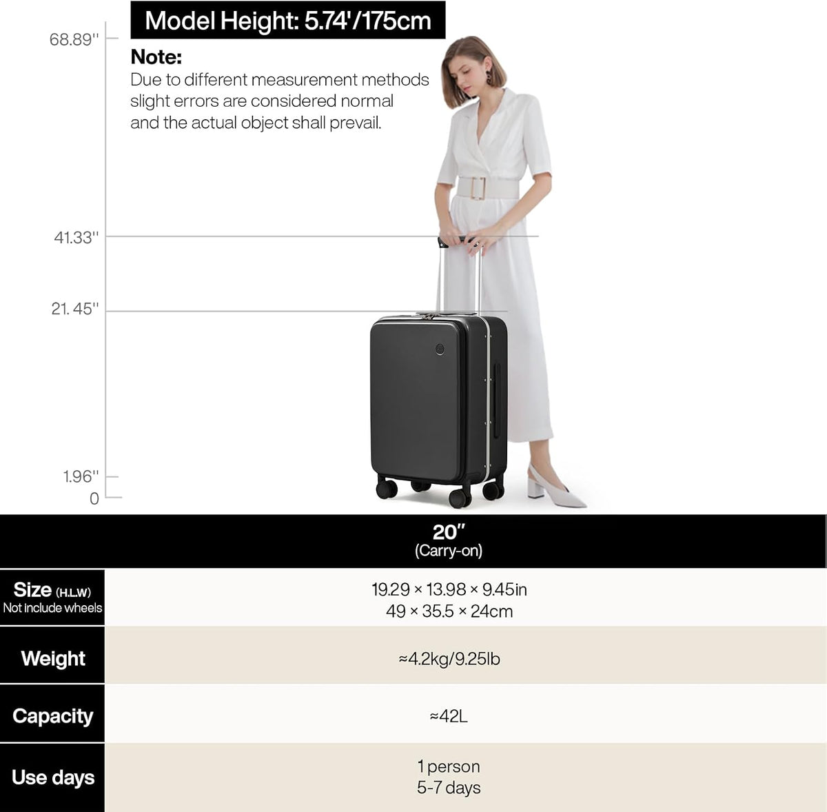 Carry On Luggage, 20'' Suitcase with Front Pocket, Travel Rolling Luggage Aluminum Frame PC Hardside with Spinner Wheels & TSA Lock and Cover - Blackish Green
