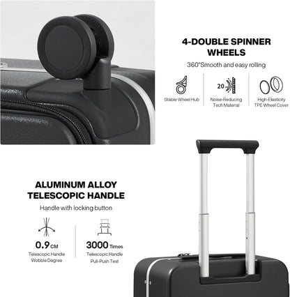 Carry On Luggage, 20'' Suitcase with Front Pocket, Travel Rolling Luggage Aluminum Frame PC Hardside with Spinner Wheels & TSA Lock and Cover - Blackish Green