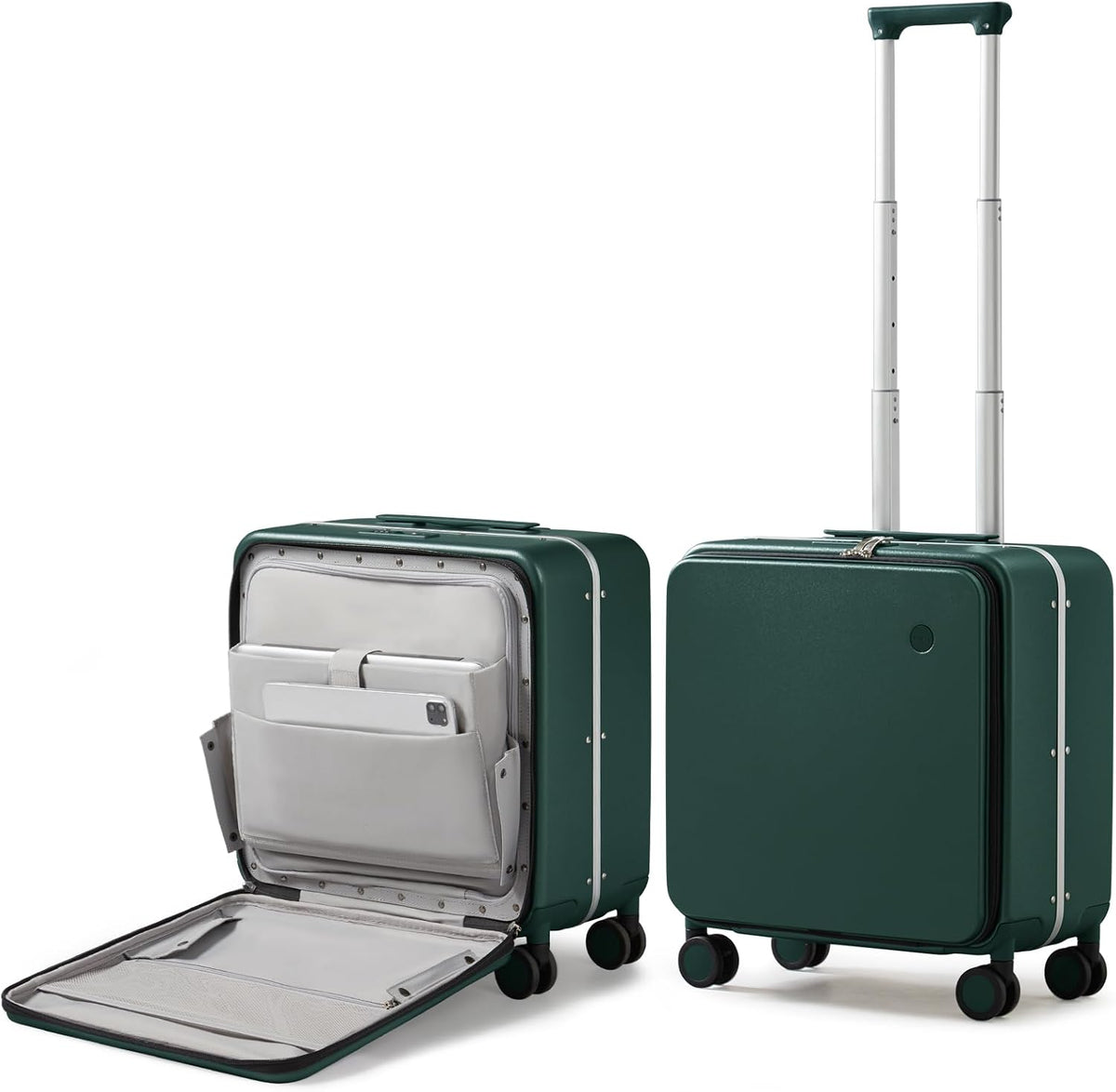Carry On Luggage, 20'' Suitcase with Front Pocket, Travel Rolling Luggage Aluminum Frame PC Hardside with Spinner Wheels & TSA Lock and Cover - Blackish Green