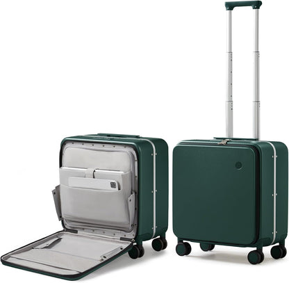 Carry On Luggage, 20'' Suitcase with Front Pocket, Travel Rolling Luggage Aluminum Frame PC Hardside with Spinner Wheels & TSA Lock and Cover - Blackish Green