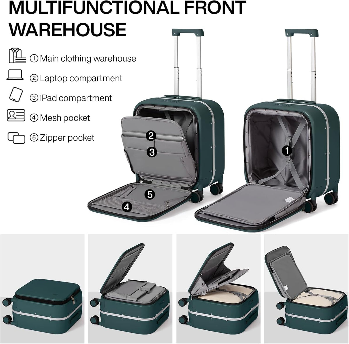 Carry On Luggage, 20'' Suitcase with Front Pocket, Travel Rolling Luggage Aluminum Frame PC Hardside with Spinner Wheels & TSA Lock and Cover - Blackish Green