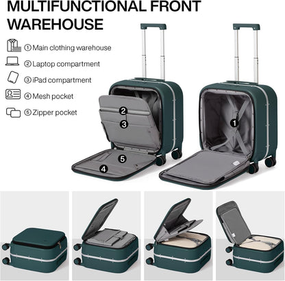 Carry On Luggage, 20'' Suitcase with Front Pocket, Travel Rolling Luggage Aluminum Frame PC Hardside with Spinner Wheels & TSA Lock and Cover - Blackish Green