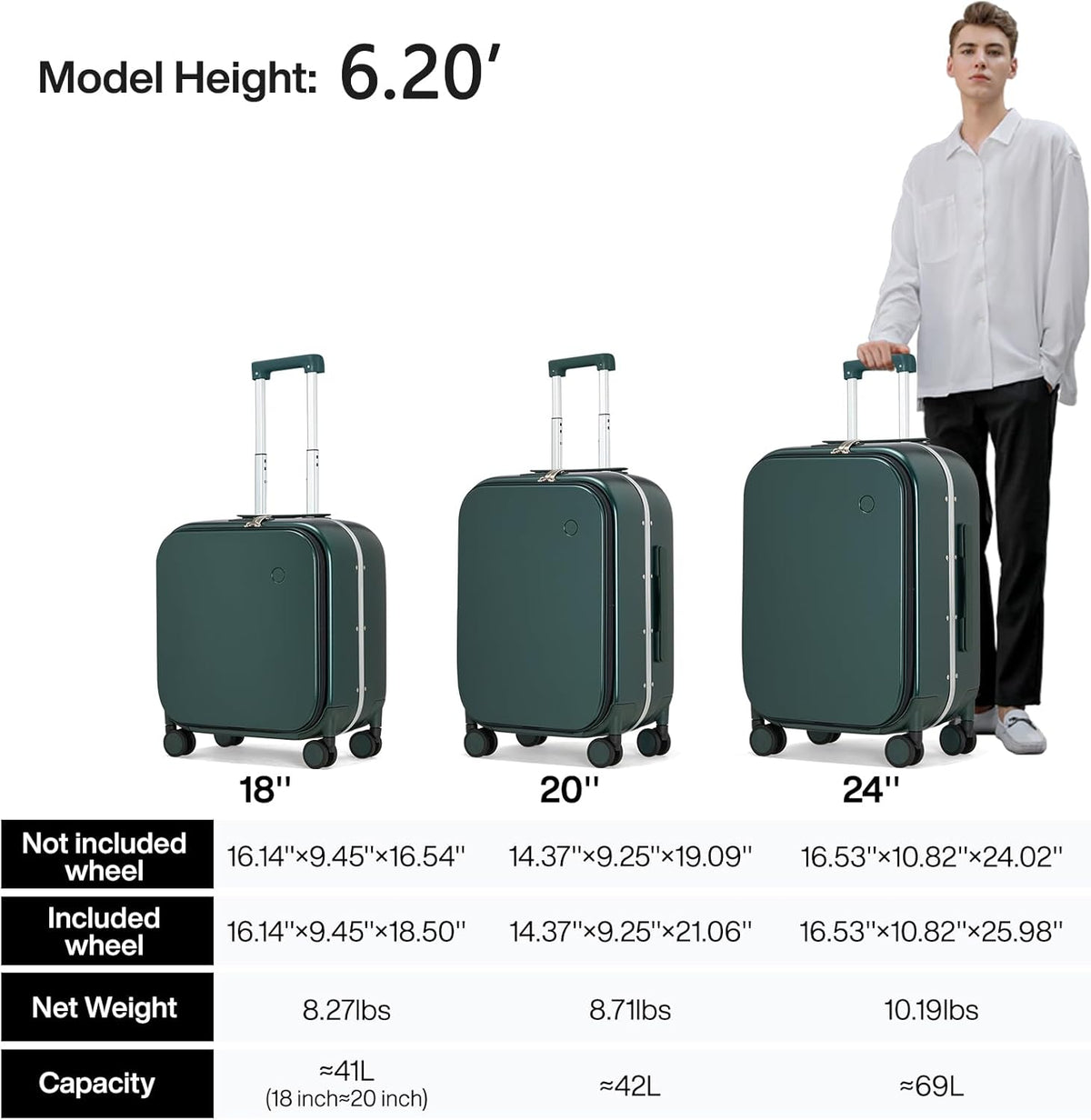 Carry On Luggage, 20'' Suitcase with Front Pocket, Travel Rolling Luggage Aluminum Frame PC Hardside with Spinner Wheels & TSA Lock and Cover - Blackish Green