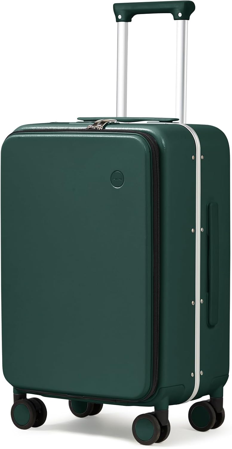 Carry On Luggage, 20'' Suitcase with Front Pocket, Travel Rolling Luggage Aluminum Frame PC Hardside with Spinner Wheels & TSA Lock and Cover - Blackish Green