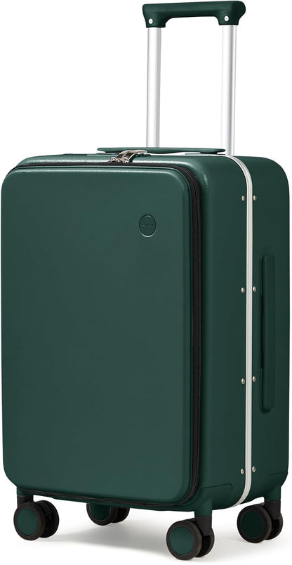 Carry On Luggage, 20'' Suitcase with Front Pocket, Travel Rolling Luggage Aluminum Frame PC Hardside with Spinner Wheels & TSA Lock and Cover - Blackish Green