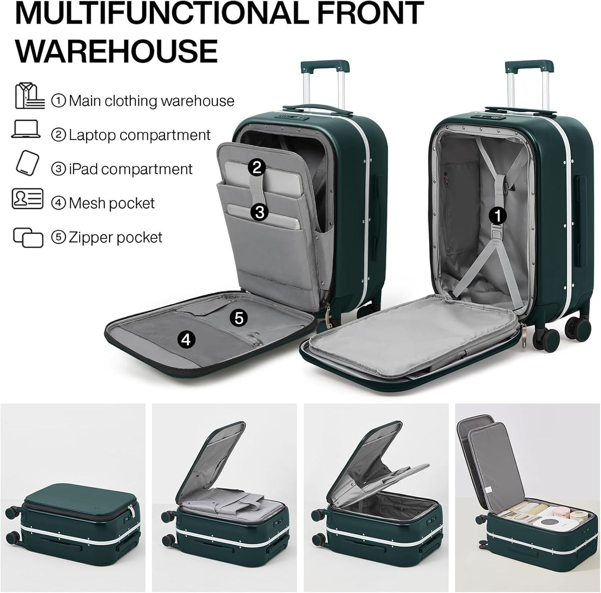 Carry On Luggage, 20'' Suitcase with Front Pocket, Travel Rolling Luggage Aluminum Frame PC Hardside with Spinner Wheels & TSA Lock and Cover - Blackish Green