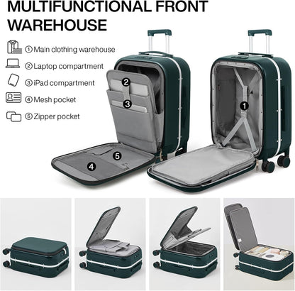 Carry On Luggage, 20'' Suitcase with Front Pocket, Travel Rolling Luggage Aluminum Frame PC Hardside with Spinner Wheels & TSA Lock and Cover - Blackish Green