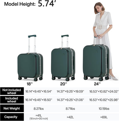 Carry On Luggage, 20'' Suitcase with Front Pocket, Travel Rolling Luggage Aluminum Frame PC Hardside with Spinner Wheels & TSA Lock and Cover - Blackish Green