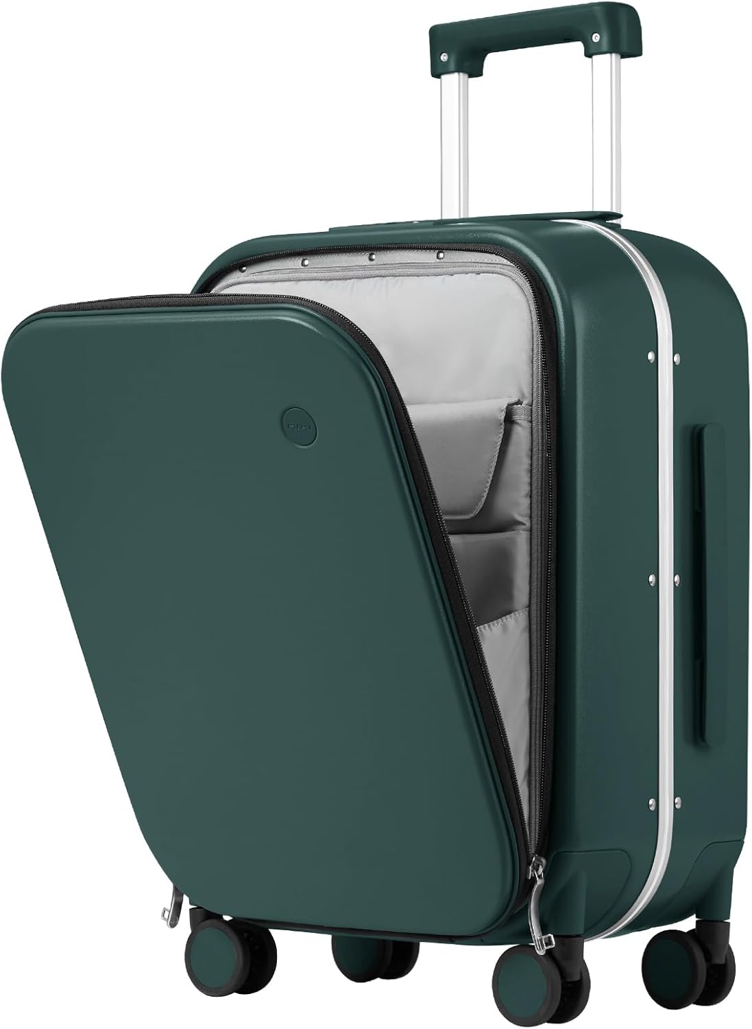 Carry On Luggage, 20'' Suitcase with Front Pocket, Travel Rolling Luggage Aluminum Frame PC Hardside with Spinner Wheels & TSA Lock and Cover - Blackish Green