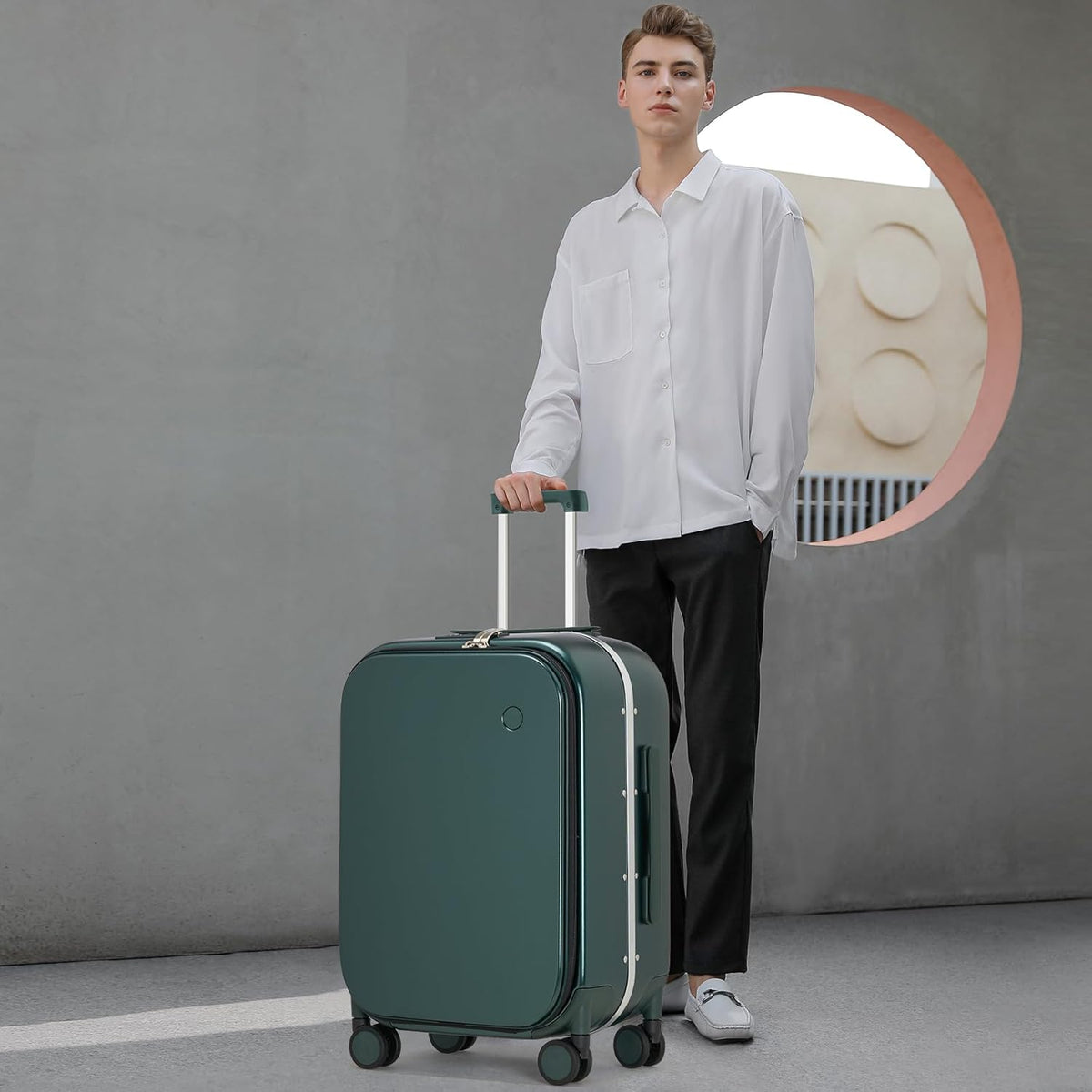 Carry On Luggage, 20'' Suitcase with Front Pocket, Travel Rolling Luggage Aluminum Frame PC Hardside with Spinner Wheels & TSA Lock and Cover - Blackish Green