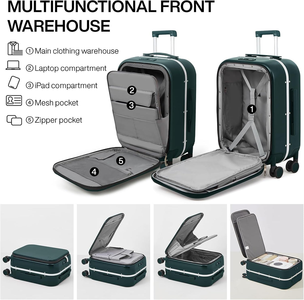 Carry On Luggage, 20'' Suitcase with Front Pocket, Travel Rolling Luggage Aluminum Frame PC Hardside with Spinner Wheels & TSA Lock and Cover - Blackish Green