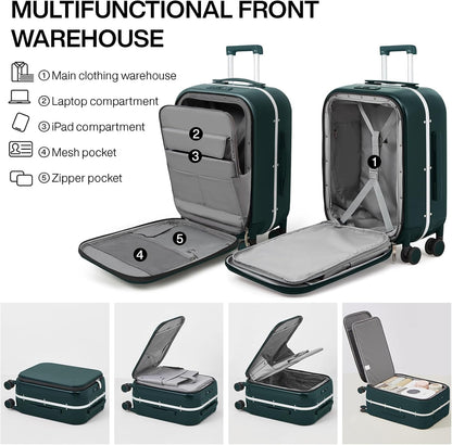 Carry On Luggage, 20'' Suitcase with Front Pocket, Travel Rolling Luggage Aluminum Frame PC Hardside with Spinner Wheels & TSA Lock and Cover - Blackish Green