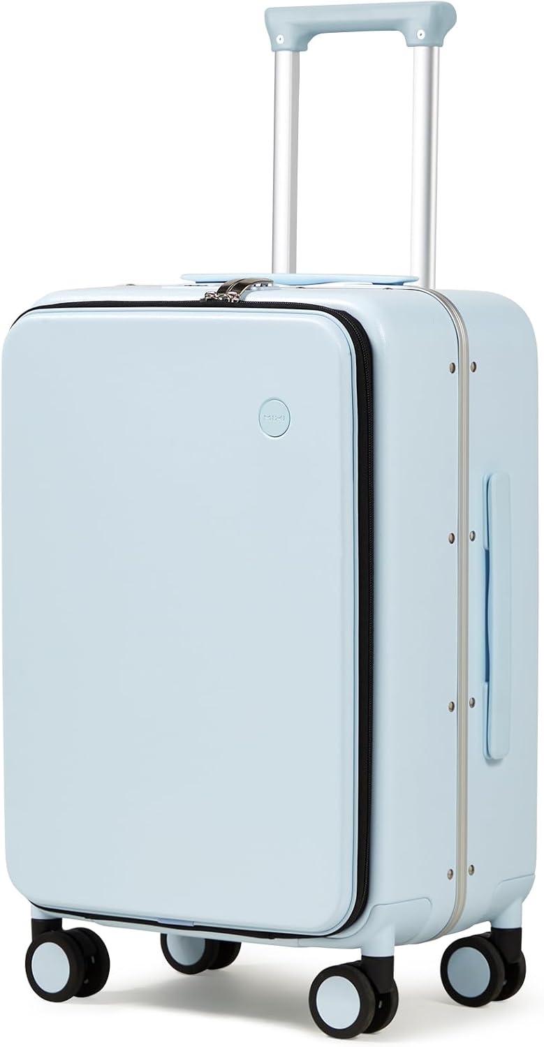 Carry On Luggage, 20'' Suitcase with Front Pocket, Travel Rolling Luggage Aluminum Frame PC Hardside with Spinner Wheels & TSA Lock and Cover - Blackish Green