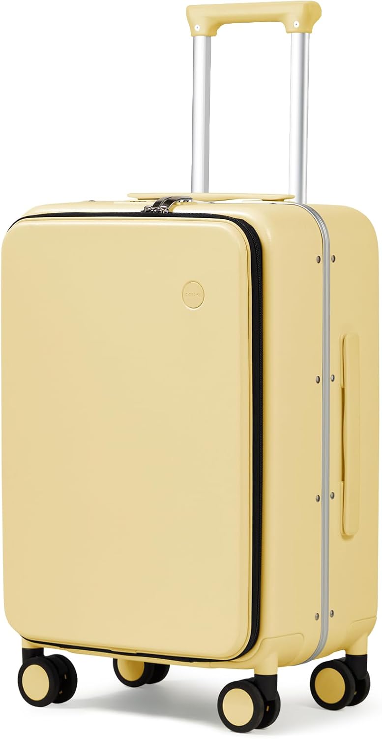 Carry On Luggage, 20'' Suitcase with Front Pocket, Travel Rolling Luggage Aluminum Frame PC Hardside with Spinner Wheels & TSA Lock and Cover - Blackish Green
