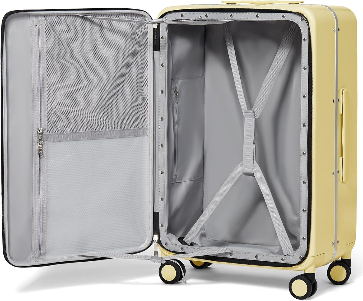 Carry On Luggage, 20'' Suitcase with Front Pocket, Travel Rolling Luggage Aluminum Frame PC Hardside with Spinner Wheels & TSA Lock and Cover - Blackish Green