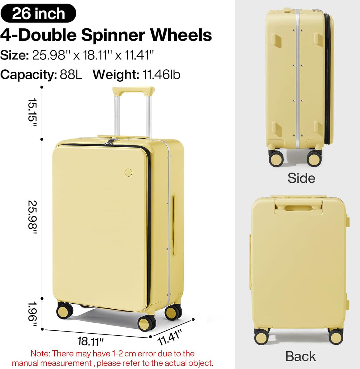 Carry On Luggage, 20'' Suitcase with Front Pocket, Travel Rolling Luggage Aluminum Frame PC Hardside with Spinner Wheels & TSA Lock and Cover - Blackish Green