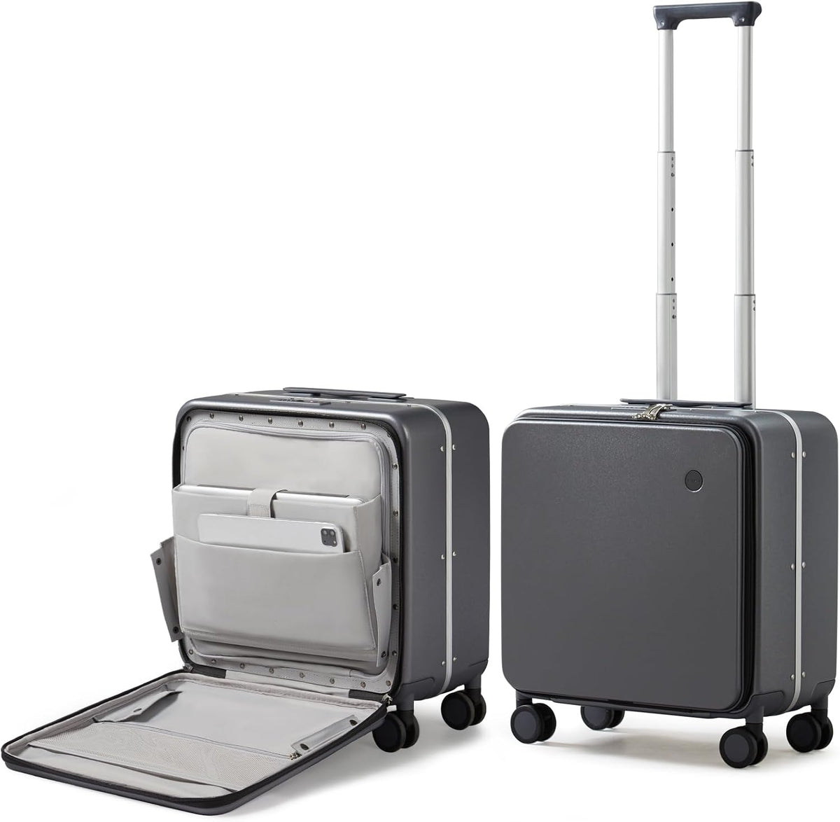 Carry On Luggage, 20'' Suitcase with Front Pocket, Travel Rolling Luggage Aluminum Frame PC Hardside with Spinner Wheels & TSA Lock and Cover - Blackish Green
